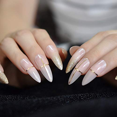 CoolNail Beige Nude Glitter French Stiletto Press on False Nails Extra Long Natural Sharp Poited Gold Cross Line UV Gel Fake Fingers Nail