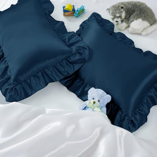 Entisn Ruffle Satin Toddler Pillowcase Set of 2, 14 x 20 Inch Toddler Silky Pillow Shams with Envelope Closure, Anti Wrinkle Soft Nursery Bedding for Girls, Boys (Dark Blue)