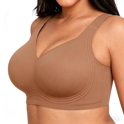 Xcutting Soft Sleep Wirefree Jelly Bras for Women Full Coverage No Underwire Wireless Bras Comfortable Sports Bras for Sagging Breasts Padded Plus Size Bra for Older Women (Brown,Large)