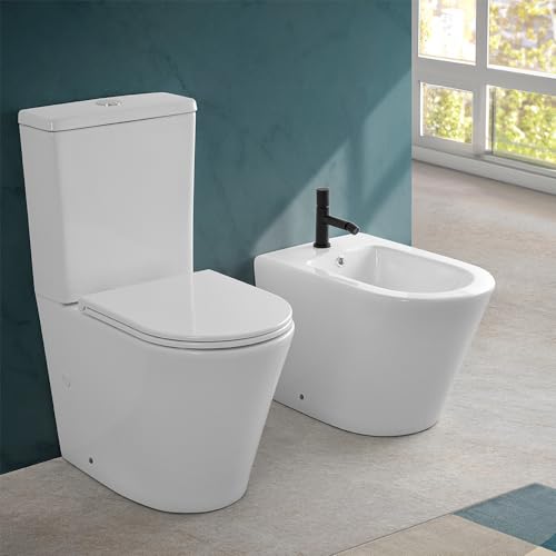 Sanitari filomuro monoblocco Rimless con scarico universale e copriwc rallentato