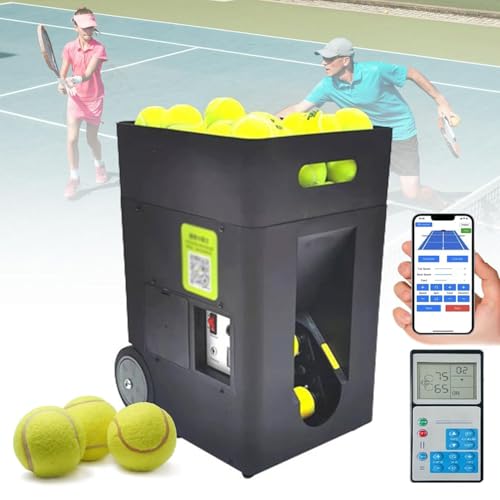 LQQYJSM Portable Tennis Ball Machine, Three-Position Adjustable Pull Rod, Automatic Tennis Ball Launcher, 50-Ball Tennis Ball Machine, Pre-Programmed and Custom Drills with Remote Control