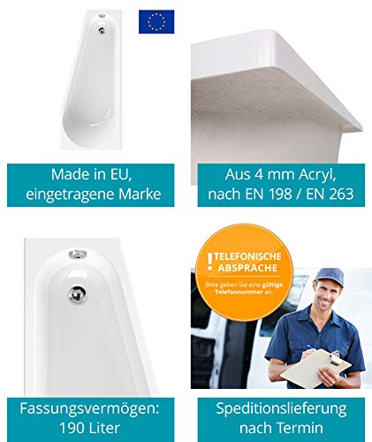 Calmwaters® Raumsparende Eckbadewanne 160x70 cm, Set mit Acrylwanne Essential Small, Wannenträger, Ab- und Überlaufgarnitur, platzsparende Badewanne rechter Ausführung, 160 x 70 cm, Weiß, 99000328 – Bild 4