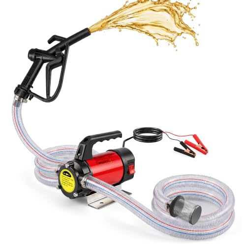 12V Diesel Transfer Pump Kit, 13 GPM Electric Fuel Transfer Pump with Adjustable Nozzle and Hoses, Portable Self-Priming Utility Pump for Tractor, Truck, Boat, Diesel, Kerosene