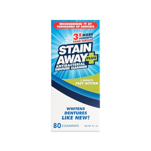 Stain Away Plus Denture Cleanser – 8.1 oz Bottle – Pack of 2 – Fast 5-Minute Deep Clean, Whitens &amp; Brightens Dentures, 3× More Powerful Than Tablets, Mint Fresh Odor Removal