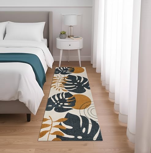Image of SAGON 2x5 Ft Printed Runner Carpet - Cotton Bedside Rug for Bedroom & Living Room (Multi Leaf Pattern)