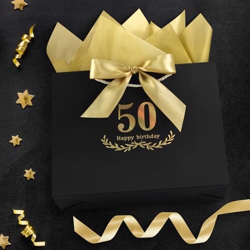 Image of JMANNI Black Gold 50th Birthday Gift Bag with Card and Tissue Paper, 12.6 inchx9.84 inchx3.9 inch Elegant Present Bag for Men Women, 50 Year Old Birthday Keepsake Party Supplies