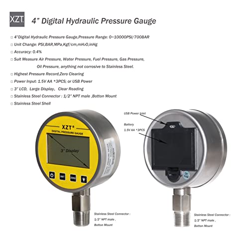 Image of XZT 4 inch 10000 PSI Digital Hydraulic Pressure Gauge,Pressure Manometer, Pressure Sensor with 1 /2 Inch NPT Connector,Base Entry