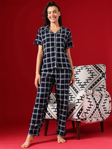 Image of Clovia Women's Cotton Classy Checks Shirt & Pyjama