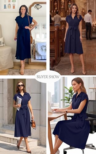 Image of ECOWISH Womens Casual Midi Dresses Solid V Neck Short Sleeve Button Shirt Belted Dress with Pockets for Spring Summer 2026