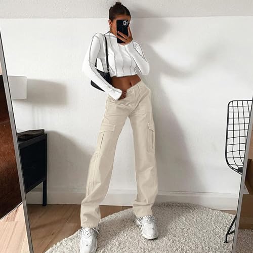 Image of Lepunuo Cargo Pants for Women High Waisted Casual Pants Baggy Stretchy Wide Leg Y2K Streetwear with 6 Pockets