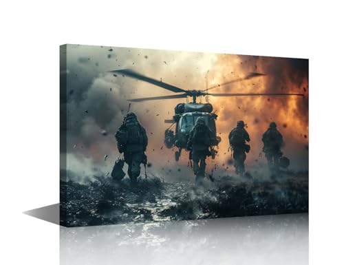 Art mural aéroporté TISHIRON : tableau militaire encadré avec hélicoptère pour décoration salon