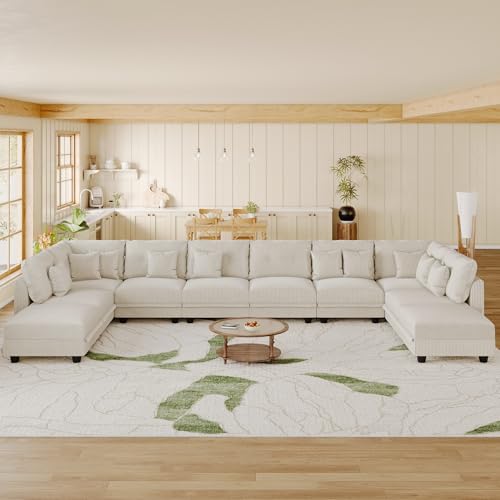 Image of LLappuil 163 inch Modular Sectional Sofa with Storage, U Shaped 10-Seat Pet-Friendly Corduroy Couch with 10 Throw Pillows, Oversized Convertible Sofa Set for Living Room & Large Space, Beige