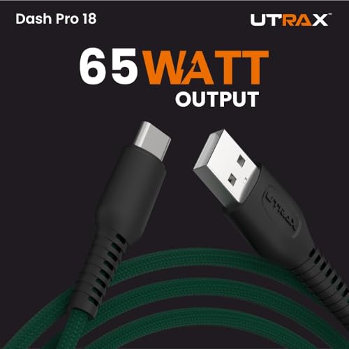 Image of UTRAX 65W Braided USB-A to Type C Fast Charging Cable | Multi-Protocol | Nylon Braided | Compatible with OnePlus, Oppo, Realme, Samsung, Xiaomi & All USB-C Devices (Green)