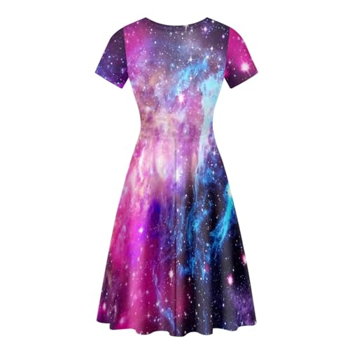 Image of Forchrinse Galaxy Purple Nebula Universal Dress for Women Novelty Galaxy Summer Dress Short Sleeve Sexy Dress Midi Tank Dress Elegant Flowy Swing Sundress,S-4XL, X-Large