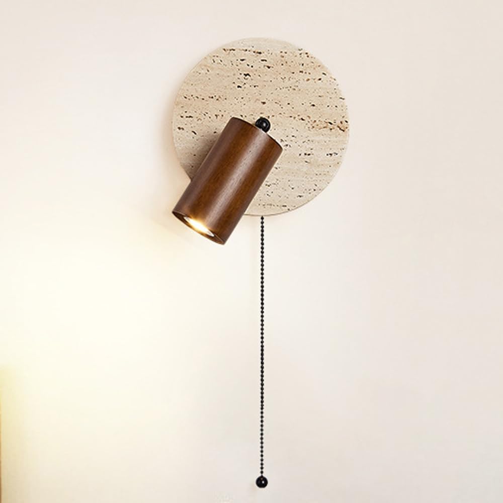 JISHUBO E26 Light Source Wood Wall Sconce with Zipper Switch, Natural Yellow Travertine Wall Light, Wabi Sabi Style Wall Lamp, Restaurant Living Room Bedroom Wall Mounted Light Fixtures