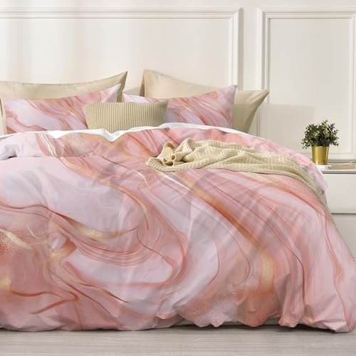 Housse de couette 140x200 anti-plis en microfibre douce parure lit marbre rose