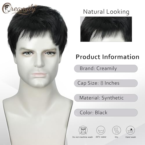 Image of Creamily Black Short Straight Hair Wig for Men, Natural Looking Full Head Wig for Men, Comfortable Artificial Realistic Hair Wig Male for Daily Party (Black, 8 Inches)