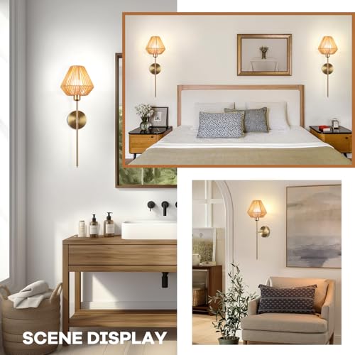 Image of Battery Operated Wall Sconce Set of 2, Rattan Rechargeable Wall Light Dimmable with Remote Control, 15 Color Changing and Timer, Boho Wireless Battery Operated Wall lamps for Bedroom, living room