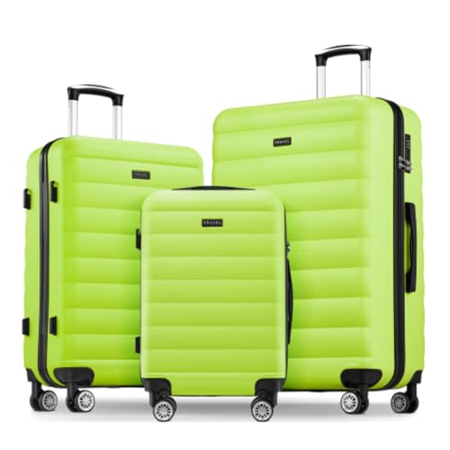 3 Piece Luggage Set, Hard Shell Lightweight Luggage, 20 24 28 Inch Travel Set, Wheels, Interior Combination Lock, Lime Green