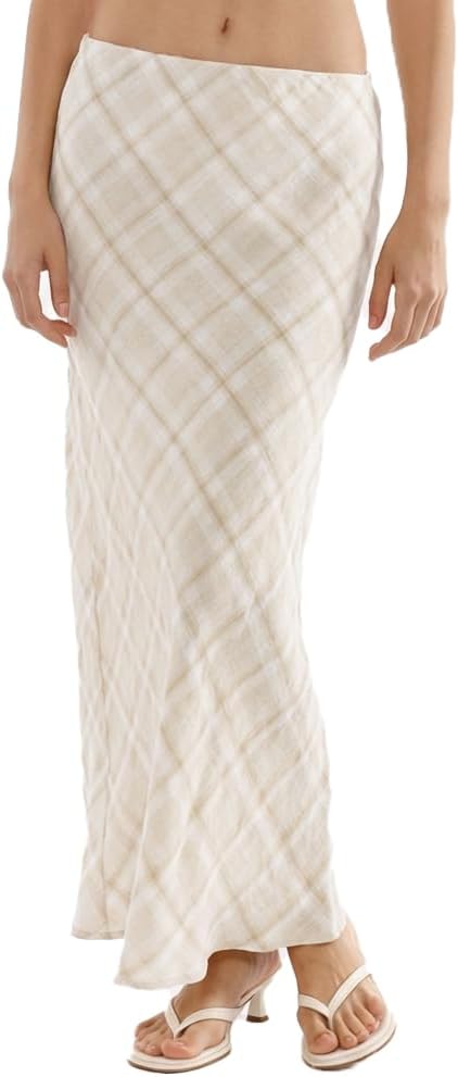 Amazhiyu Women's 100% Linen A-Line Plaid Midi Skirt Elastic Waist Summer Skirt