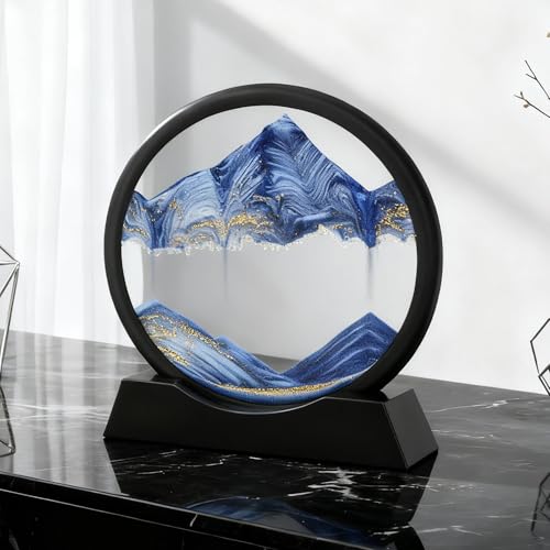 Image of Wai Danie Moving Sand Art Picture 3D Hourglass Deep Sea Sandscape Liquid Motion Display Painting Flowing Sand Frame Relaxing Desktop Home Office Work Decor (Blue, 7 inches)