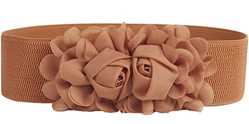 Women's Elastic Stretch Wide Rose Double-Flower Waist Belts for Dress (Brown) XX-Large
