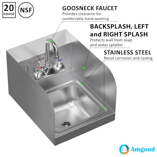 Image of AmGood Stainless Steel Wall Mount Hand Sink with Faucet and Sidesplash 12 inch x 16 inch | NSF Commercial Hand Washing Basin For Restaurant, Kitchen and Home | Bowl Size: 9 inch x 9 inch