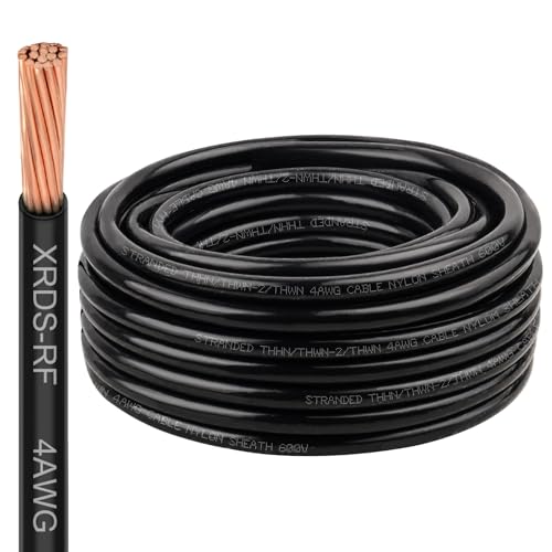 Image of XRDS -RF 4AWG THHN Wire, 50FT Black Stranded Copper Electrical Wire, Nylon Jacket, 600V Rated, Heat & Abrasion Resistant THHN /THWN-2 Cable for Household, Automotive, Solar, RV, Inverter
