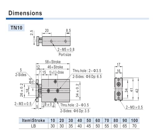 Cilindro doble efecto TN10 neumático compacto de 10 mm con doble vástago 5