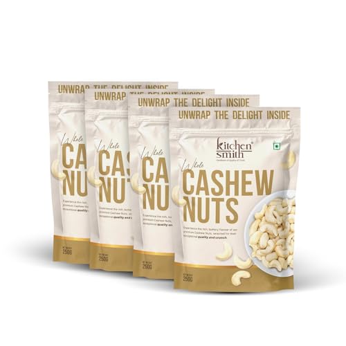 Image of KitchenSmith Premium Whole Cashew - Pack of 4 (250gm Each) | Grade W240 |Crunchy Cashews, Kaju Dry Fruit & Cashew Nuts | Gluten Free & Plant Based Protein (Air Tight Pouch)