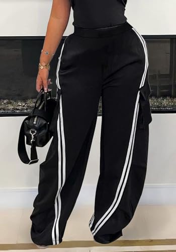 Famnbro Womens Cargo Sweatpants Striped Baggy Patchwork Denim High Waisted Straight Wide Leg Track Pants2