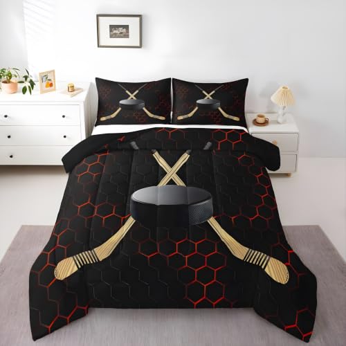 Edredón Relleno Nórdico Cama 150/180, Hockey Sobre Hielo, Edredón de Fibra 200gr/m², 260x240cm 4 Estaciones Naranja, Negra y Rojo en Forma de Panal de Suave y Ligero con 2 Fundas 50x75 sm1872