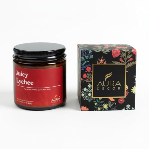 Image of AuraDecor Scented Jar Candle | Handpoured Soy Wax Candle with Long Lasting Burn Time | Premium Amber Jar Aromatherapy Candle | Ideal Gift for Home & Decor (Large, Juicy Lychee)