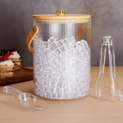 NiHome 3L Glass Ice Bucket Chiller with Bamboo Lid, Scoop & Tongs for Home Bar, Wedding, Party, Ribbed Clear Design, Sturdy Handle, Non-Slip Base, Airtight Storage for Wine, Champagne, Beer, Cocktails