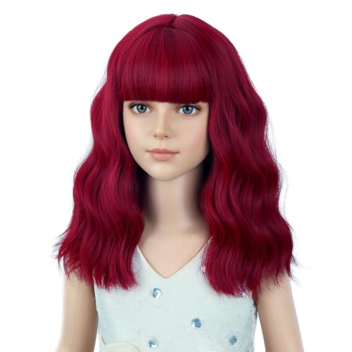 Image of PATTNIUM Red Wig for Girls Kids Short Curly Wavy Wigs with Bangs Shoulder Length Wavy Heat Resistant Synthetic Wig