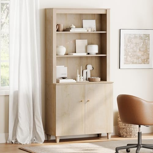 Image of WAMPAT 71 inch Tall Bookcase with Doors & Storage Cabinet, Modern 5-Tier Bookshelf with Adjustable Shelf, Floor Standing Wooden Display Book Shelf for Home Office, Living Room, Bedroom, Light Oak