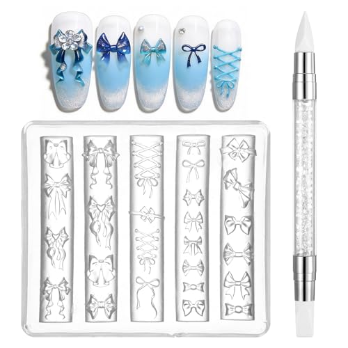 Bow Nail Charm Molds,3D Bowknot Silicone Nail Molds with Carving Pen,Multiple Shapes Ribbon Lace Bows Nails Bow Mold for Nails Carving Template Stencil for Craft Project,Women Fingertip Art Decoration