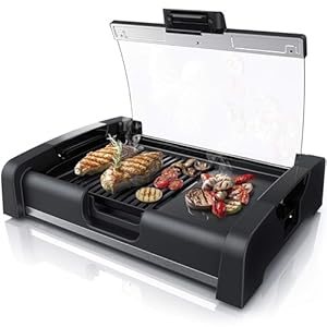 Electric Indoor 2-in-1 Grill & Griddle, Searing Grill with Viewing Window, 1200W kitchen Barbecue Grill, Smokeless Nonstick Grate, 5 Adjustable Temperature, Detachable & Dishwasher Safe, Black
