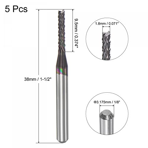 Image of uxcell End Mill CNC Router Bits, 1.8mm x 9.5mm 1 /8 inch Shank Diamond Film Coated Carbide Engraving Bit Milling Cutter Left Hand for PCB Plastic Fiber Wood 5pcs