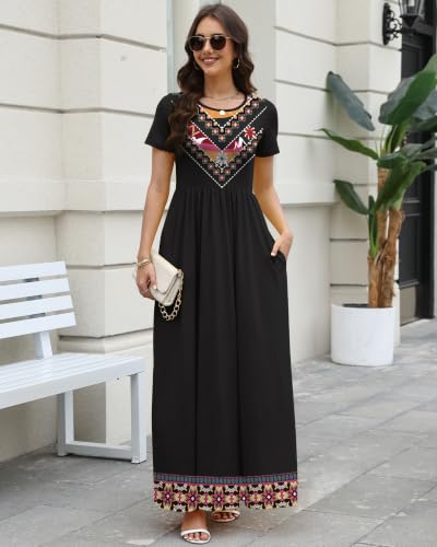 Image of COSSEN Women's Crew Neck Short Sleeve Maxi Dress with Pockets Casual Loose Swing for Wedding Guest Beach Vacation