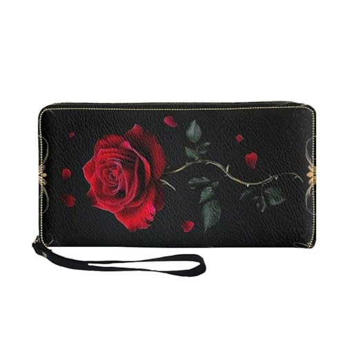 Red Rose Wallets for Women with Money Clip Card Holder Clutch Bag Zipper Long Purse Wristlet Organizer2