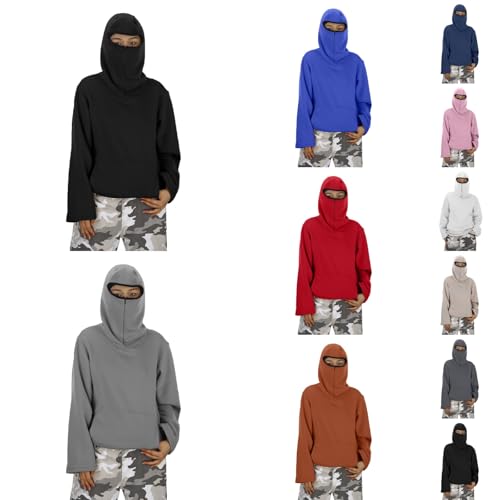 Girl'S Balaclava Hoodie Oversized Half Zipper Hooded Kids Sweatshirt Wind Resistant Athletic Hoodies With Face Mask