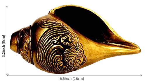 Purpledip Rare Collection Cruelty Free Vegan Blowing Shankh Conch in Antik-Finish Messing mit reichhaltiger Modellierung von hinduistischen religiösen Gottheiten Vishnu-Lakshmi (10384)