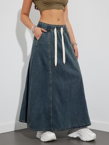 Womens Casual Paperbag Elastic High Waist A-Line Maxi Denim Skirt2