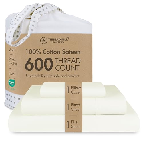 Image of Threadmill 100% Cotton Sheets for Twin Size Bed - 600 Thread Count Twin Bed Sheets Set with 15 inch Deep Pocket - Sateen Weave 3-Piece Bedding Set with Cooling Effect, Ivory