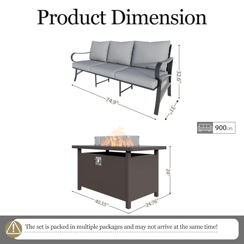 Image of Outdoor Furniture Set, Patio Conversation Set Include 2 x 3-Seater and Fire Pit Table for Deck, Porch, Garden, Backyard, Poolside (Gray, 3-Piece)