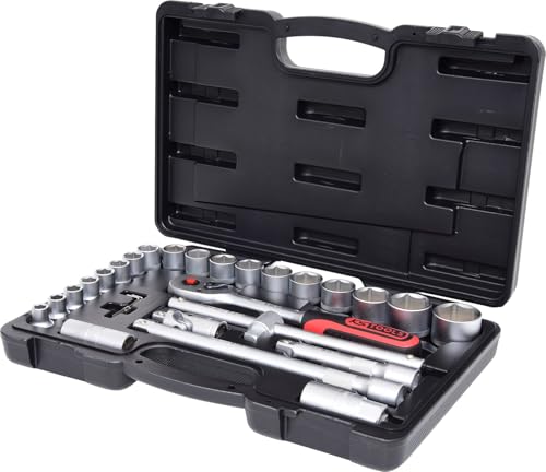 KS Tools 917.0728 1/2 CLASSIC Steckschlüssel-Satz, 28-teilig, Sechskant, FlankTraction-Profil, matt satiniert, Chrom Vanadium, Stecknuss, Sechskant-Stecknuss, Verlängerung, Innensechskant-Winkelstiftschlüssel, etc. in Kunststoffkoffer 4042146496220 Schwaz Grau Rot