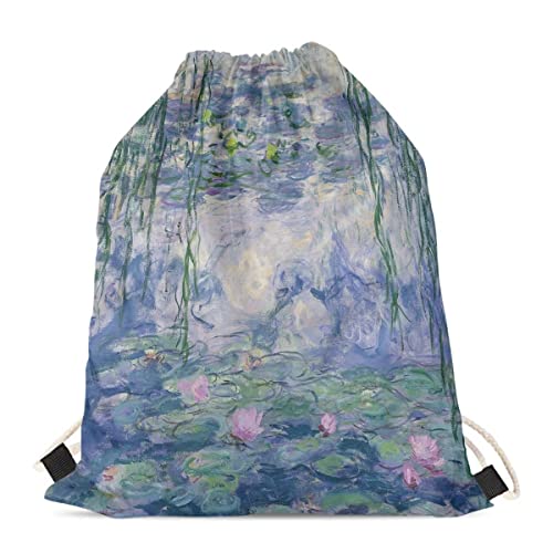 ENLACHIC Van Gogh Drawstring Bag Backpack Bulk Foldable Travel Daypack Sport Gym Yoga Bag for Men Women,Monet Water Lily4