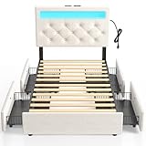 Rolanstar Twin Bed Frame with 4 Storage Drawers and Charging Station,Twin Bed with Led Lights, 2 USB & 1 Type C, Adjustable Headboard 38.9/40.8 Inches, No Box Spring Needed, White