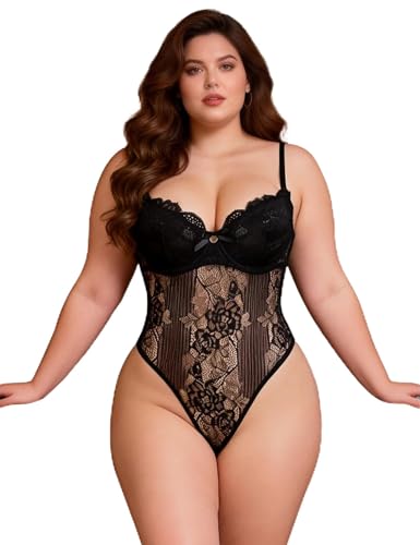 ohmydear Body Femme Sexy Bodysuit Grande Taille Bodycon en Dentelle Teddy Lingerie Transparent Combinaisons Jumpsuit Dos Nu Bouton-pression Tenue Sexy avec...